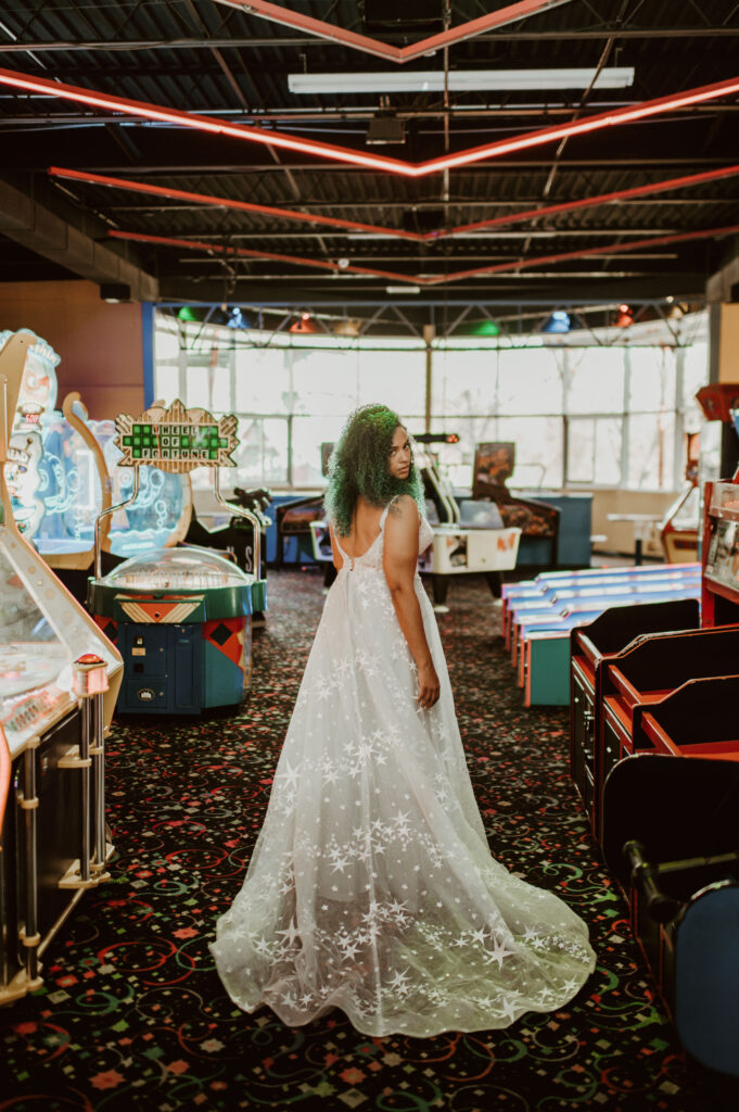 Edgy + Hip Arcade Styled Shoot ft. Blue Starry Gown. Desktop Image
